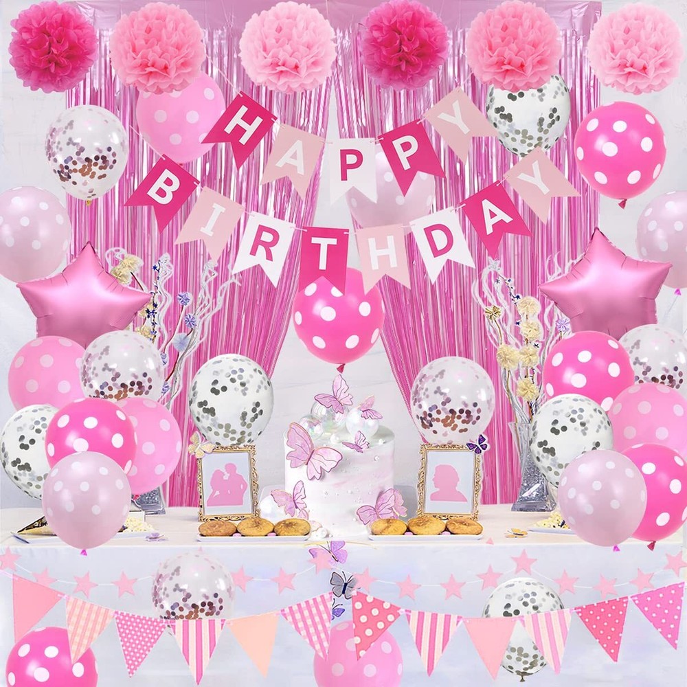 Pink Birthday Party Decorations, Light Pink and White Decorations with Happy …