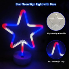 4th of July Decorations Star Neon Signs With Holder Base, Red White Blue Star Li