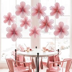 9 PCS Pink, Cherry Blossom Party Decorations, Paper Fans, Floral Backdrop, Decor