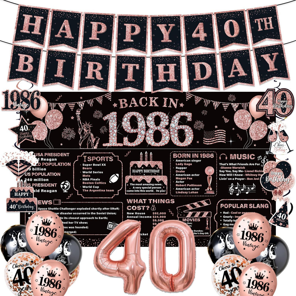 Rose Gold 40Th Birthday Decorations for Women – 37Pcs Happy 40Th Birthday Banner