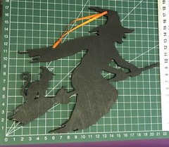 Large halloween Hanging Black Witch & Cat. Laser Cut Painted Plywood & Ribbon.