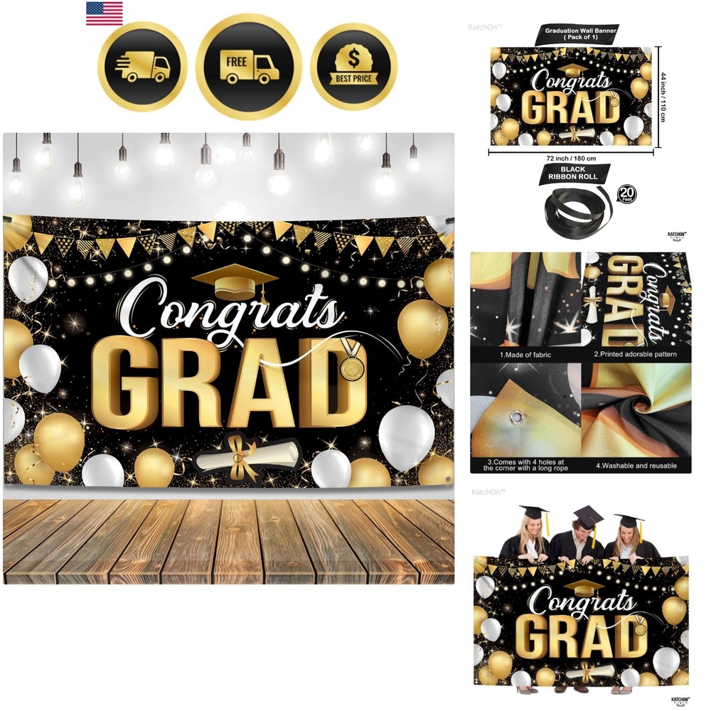 Graduation Decorations 2026 Black and Gold Congrats Grad Banner 72×44 Inch