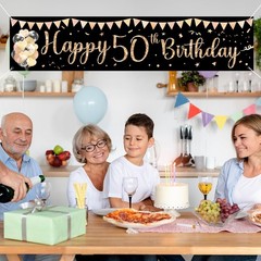 Happy 50th Birthday Banner Sign Black Gold Glitter 50 Years Old Birthday Party H