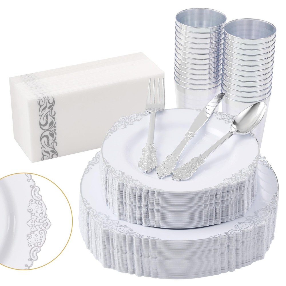 350pcs Silver Plastic Plates, Elegant Disposable Dinnerware Set, 125 Pieces, …