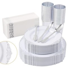 350pcs Silver Plastic Plates, Elegant Disposable Dinnerware Set, 125 Pieces, …