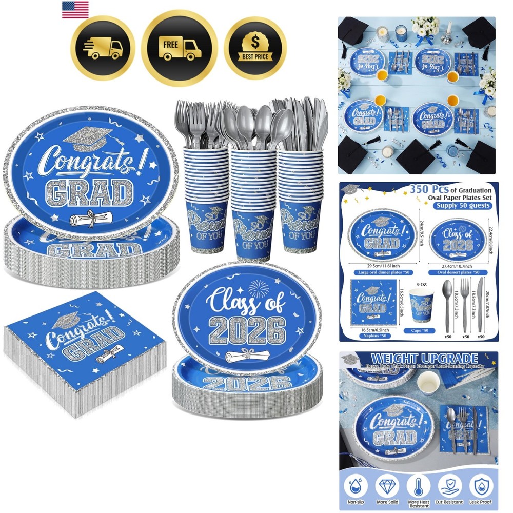 350 Pcs Blue and Silver Graduation Decorations Class of 2026 Disposable 12 in…