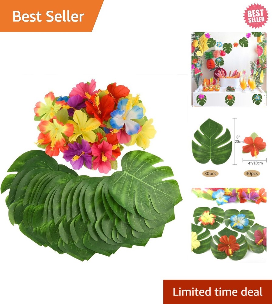 Stunning Tropical Decoration Set – 30 Leaves & 30 Flowers for Summer Parties