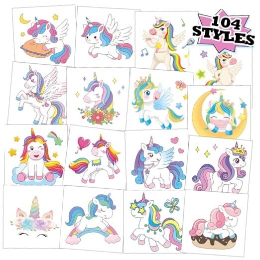 104 PCS Temporary Tattoos for Kids Girls Birthday Party Decorations Unicorns