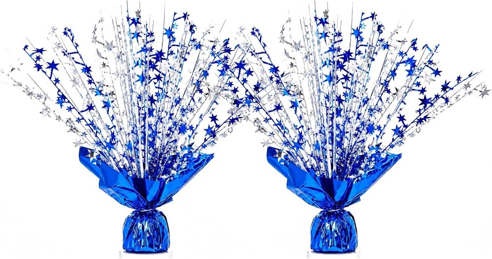 2 Pack Blue Silver Star Spray Centerpiece, Wedding Party | Shiny metallic foil