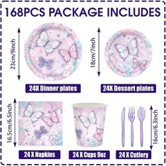 168 Pcs Butterfly birthday Decorations Purple Birthday Tableware Serves 24 guest