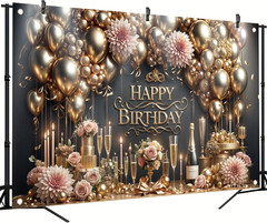 Luxury Happy Birthday Backdrop Black Gold Party Decoration Elegant Balloon Champ