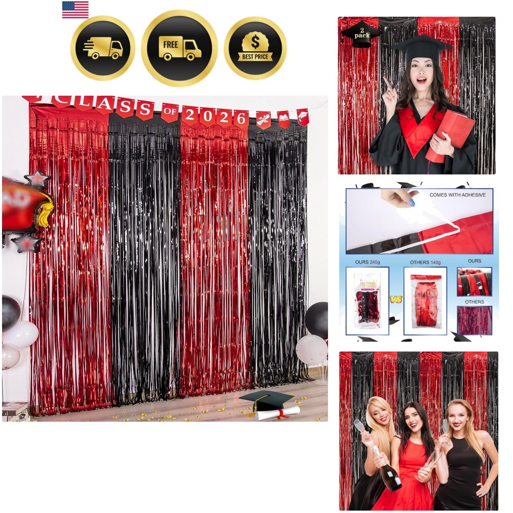 Graduation Party Decoration, 2 Pack Red and Black 3.3×6.6 ft Foil Fringe Curt…