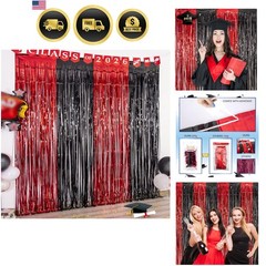 Graduation Party Decoration, 2 Pack Red and Black 3.3×6.6 ft Foil Fringe Curt…