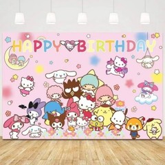 Hello Kitty & Friends Theme Party Decoration, 5×3.5ft Happy Birthday Backdrop