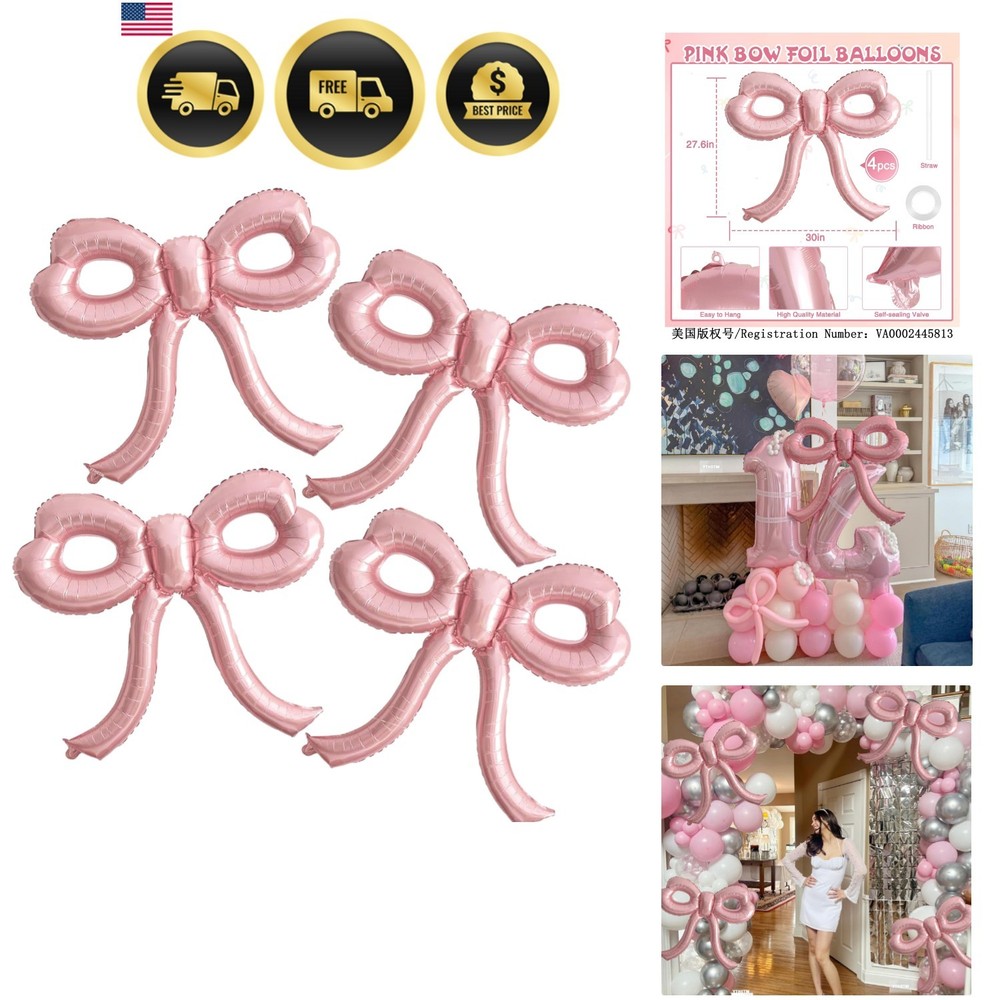 4 Pcs Pink Bow Balloons Bow Party Decorations for Girl Women Pink Bow Birthda…