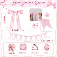2 Strings Pink Bow Garland Banner Decorations, 16Pcs Pre-Strung Satin Ribbon