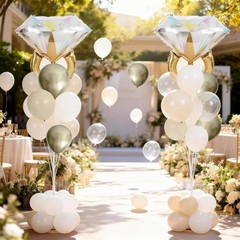 Gold and White Diamond Ring Balloons, Pearl White Beige Gold Double Latex Bal…