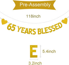 XIAOLUOLY Gold 65 YEARS BLESSED Glitter Banner,Pre-Strung,65Th Birthday/Wedding