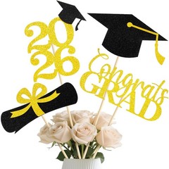 16 Pcs Graduation Decoration 2026 Centerpieces Sticks Gold Black Double Side