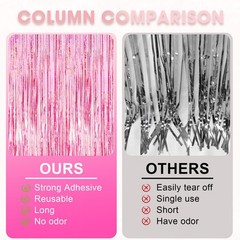 Sparkling Pink Tinsel Fringe Curtains 2 Pack, Foil Streamers Backdrop, Pink