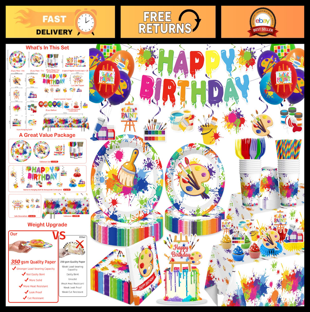 212pcs Paint Party Supplies Set – Disposable Plates & Plastic Tablecloths for Ki