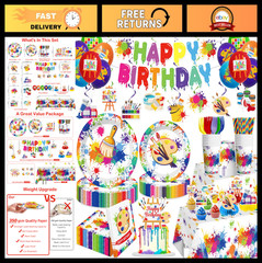 212pcs Paint Party Supplies Set – Disposable Plates & Plastic Tablecloths for Ki