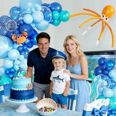 Under the Sea Balloon Arch Kit 130Pcs Dark Blue Metallic Blue Orange Long