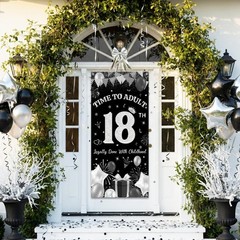 Happy 18th Birthday Decorations for Boys- Black Silver Fabric Banner Backdrop…