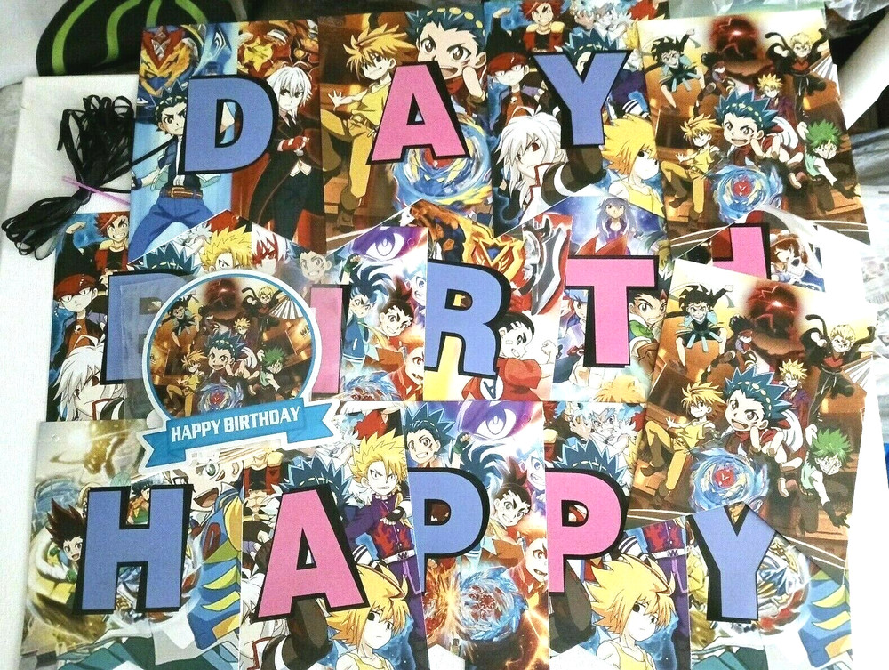 Anime Happy Birthday Banner with cup cake + cake topper. party decorations