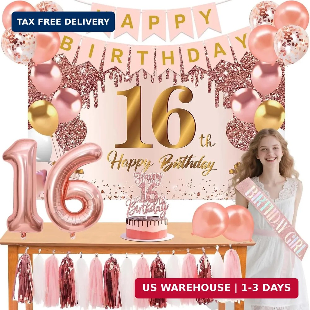 16th Birthday Decorations for Girls, 16Pcs Pink Rose Gold Happy 16th Birthday Ba