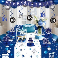 18th Decorations for Boys Girls Blue Silver, Happy 18th Banner 18 Balloon Num…