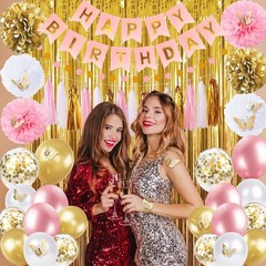 Birthday Party Decorations Pink Gold with Happy Birthday Banner Curtains Garland