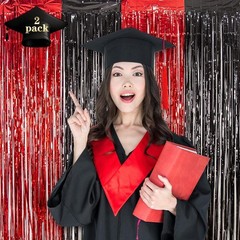 Graduation Party Decoration, 2 Pack Red and Black 3.3×6.6 ft Foil Fringe Curt…