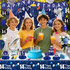 Dark Blue Silver 14th Decorations for Boys Girls, Happy 14th Decorations Boy …