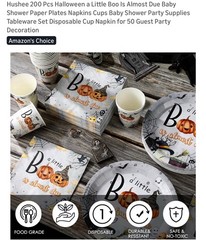 Hushee Halloween Baby Shower Tableware Set 200pcs “A Little Boo” for 50