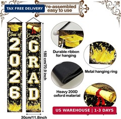 Fecedy Black Gold Graduation Decorations Class of 2026 Congrats GRAD Porch Sign