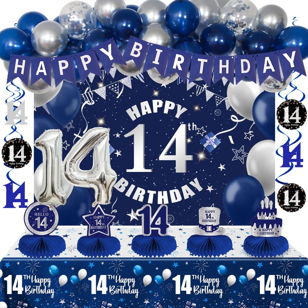 Dark Blue Silver 14th Decorations for Boys Girls, Happy 14th Decorations Boy …