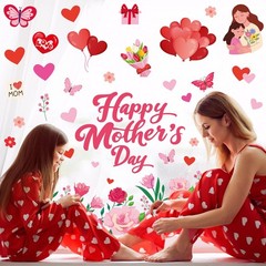 6 Sheets Happy Mother’ s Day Window Clings Rose Flower Heart Window Decal Red Pi