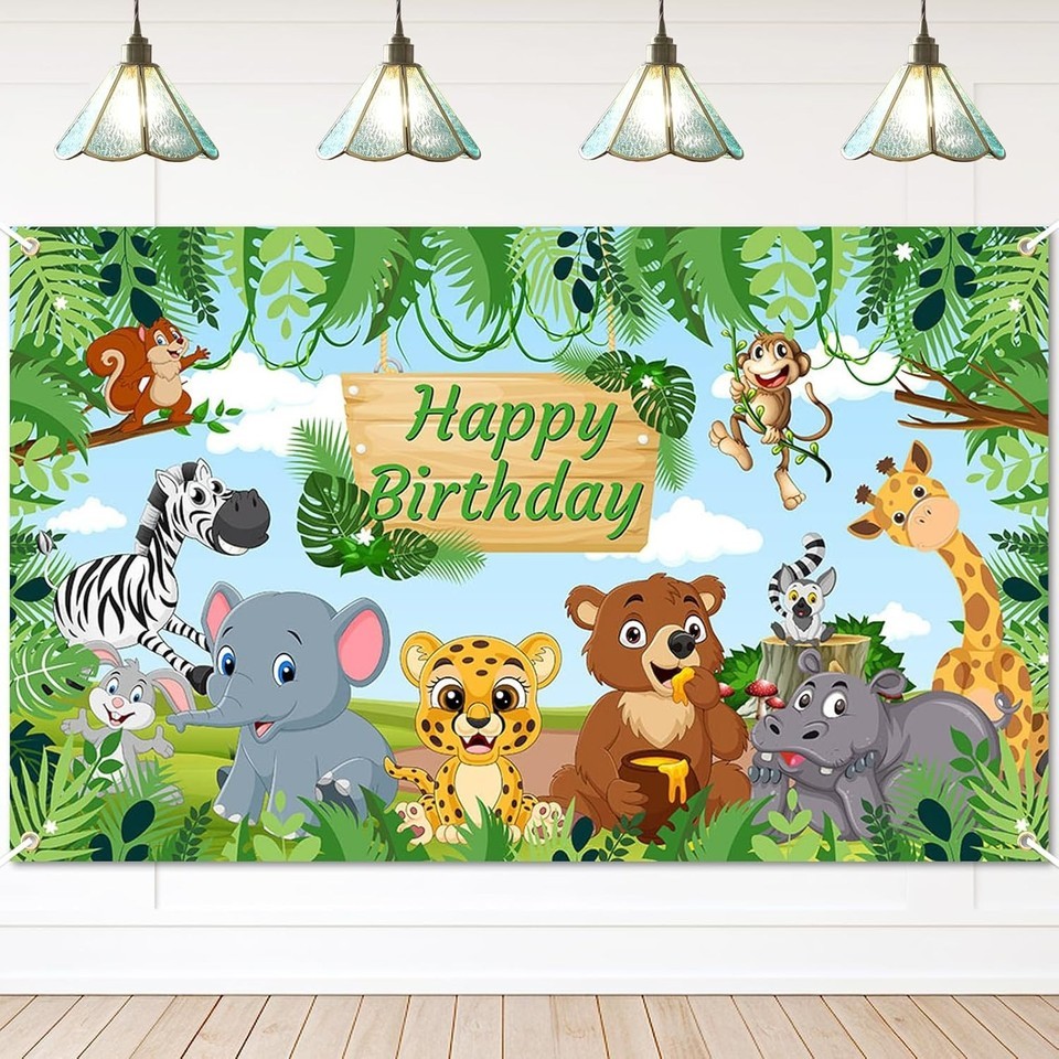 Jungle safari cartoon animals Backdrop Kids Birthday Party Decorations Banner