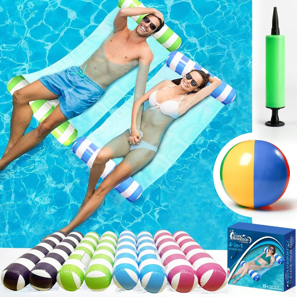 4 Pack Inflatable Pool Hammock Floats with Air Pump and Beach Ball, 4-in-1 Wa…