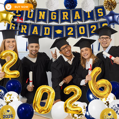 Graduation Decorations Class of 2026, Navy Blue and Gold