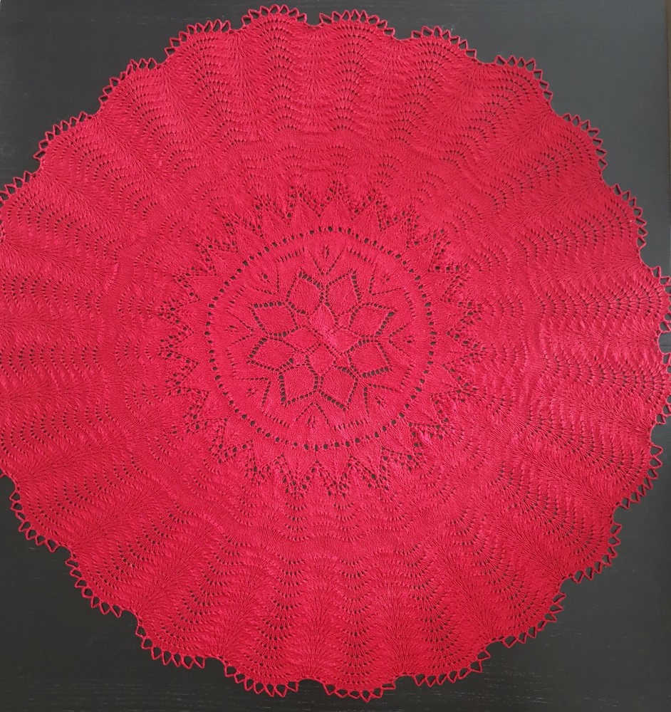 Hand knitted big round red Christmas doily, tablecloth, 100% linen
