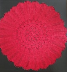 Hand knitted big round red Christmas doily, tablecloth, 100% linen