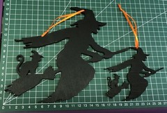 Large halloween Hanging Black Witch & Cat. Laser Cut Painted Plywood & Ribbon.