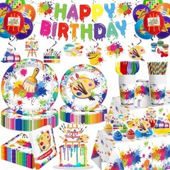 212pcs Paint Party Supplies Set – Disposable Plates & Plastic Tablecloths for Ki