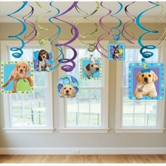PUPPY PARTY SWIRL HANGING DECORATIONS (12) ~ Birthday Party Supplies Foil Dogs