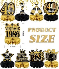 Elegant 40th Birthday Decorations – 9-Pc Black & Gold Honeycomb Centerpieces