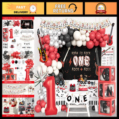 Rock and Roll 1st Birthday Decorations Set – Backdrop, Balloons, Cake Topper & M