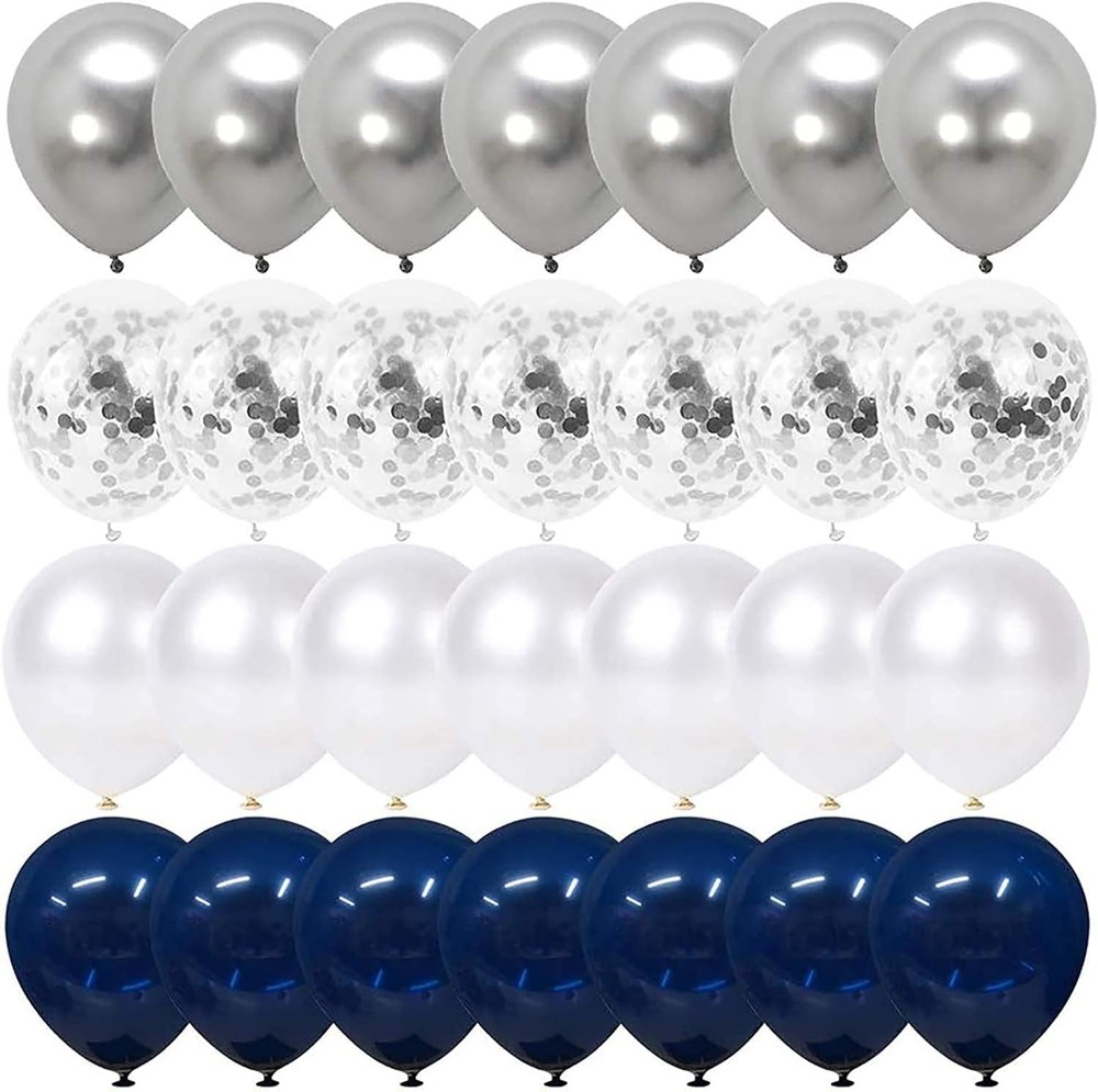 50 Navy Blue Silver Confetti Balloons 12″ Pearl Chrome for Graduation 2023