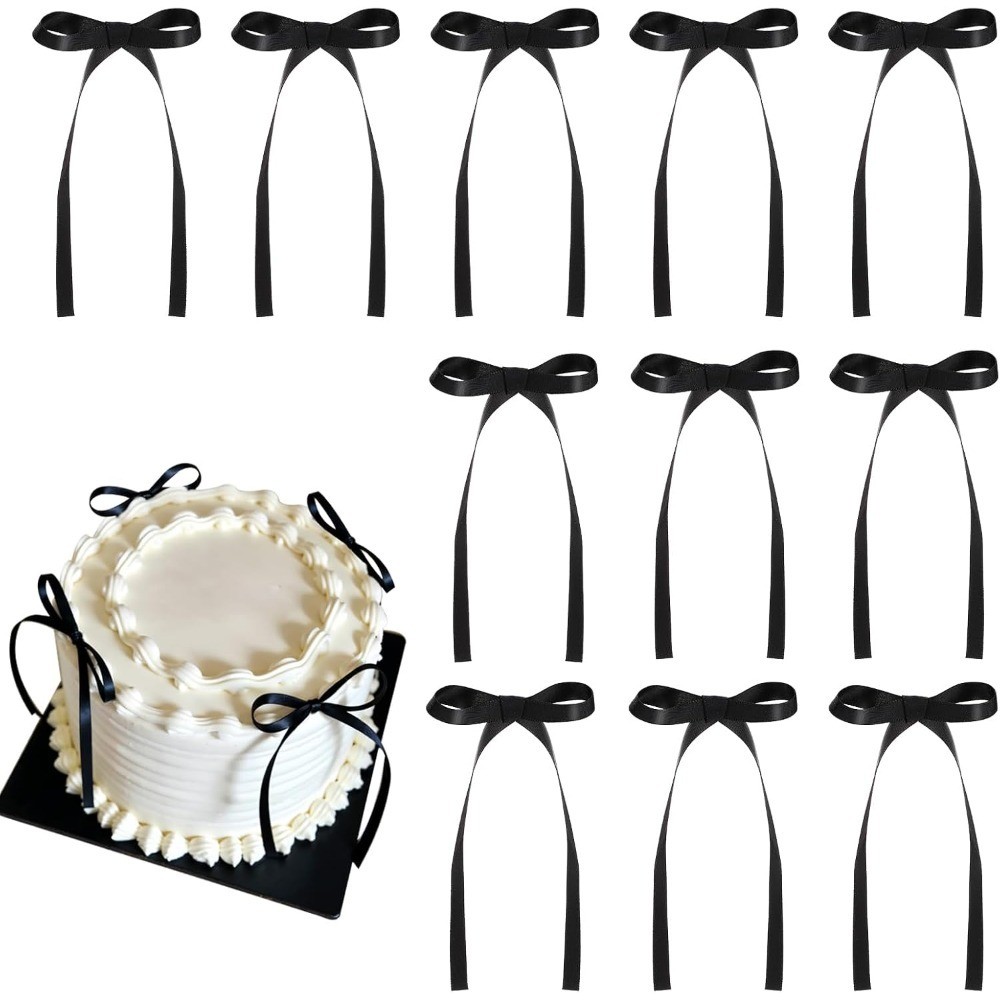 30 Pack Bow Cake Toppers Black Ribbon Bows for Cake Bow Cupcake Toppers Back to